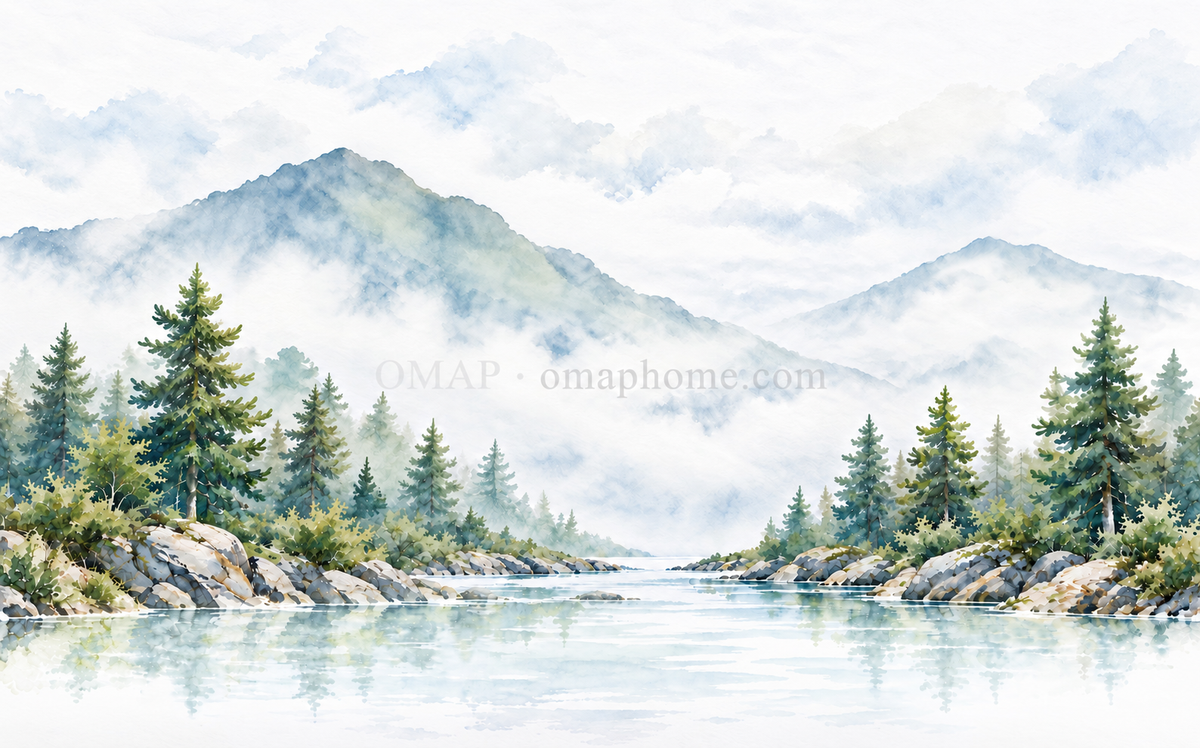 霧山澄湖完整橫幅作品,藍灰遠山、綠色森林與澄澈湖面,附 OMAP 網址浮水印