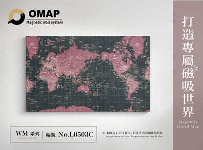 OMAP 萬物系列磁吸世界地圖牆｜黑玫紅｜L0503C，中英雙語 L 尺寸展示