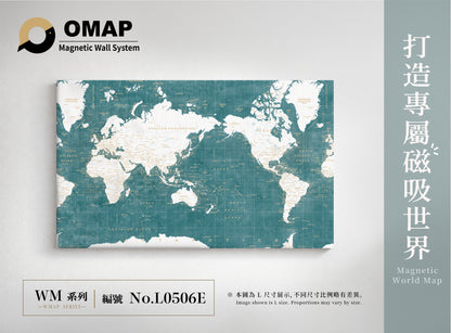OMAP 萬物系列磁吸世界地圖牆｜孔雀綠白｜L0506E，英文 L 尺寸展示