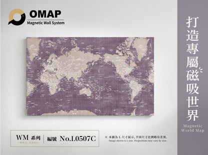 OMAP 萬物系列磁吸世界地圖牆｜灰紫米｜L0507C，中英雙語 L 尺寸展示