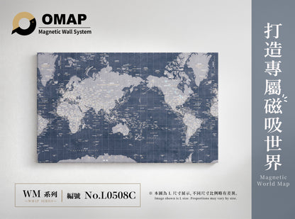 OMAP 萬物系列磁吸世界地圖牆｜靛藍灰｜L0508C，中英雙語 L 尺寸展示