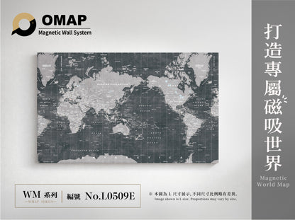 OMAP 萬物系列磁吸世界地圖牆｜炭黑灰｜L0509E，英文 L 尺寸展示