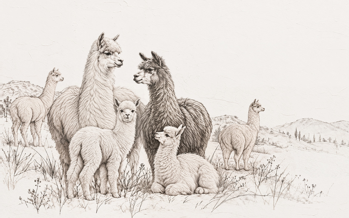暖絨家族完整作品，六隻羊駝與原野的細膩素描風，附淡色 OMAP 網站浮水印