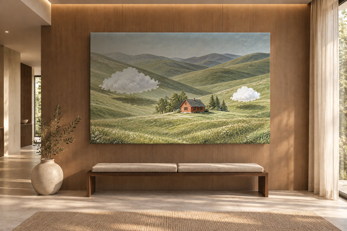 OMAP 雲棲草原磁吸藝術壁畫 200 × 120 cm 空間情境，草原小屋與白雲搭配木質牆面及長凳