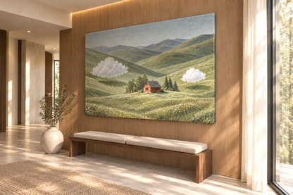 OMAP 雲棲草原磁吸藝術壁畫側視角情境，200 × 120 cm 草原風景搭配木質牆面、長凳與自然採光，呈現畫作側邊厚度