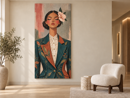 120×250cm 花語靜謐直幅藝術壁畫搭配暖白玄關與單椅的合成情境示意