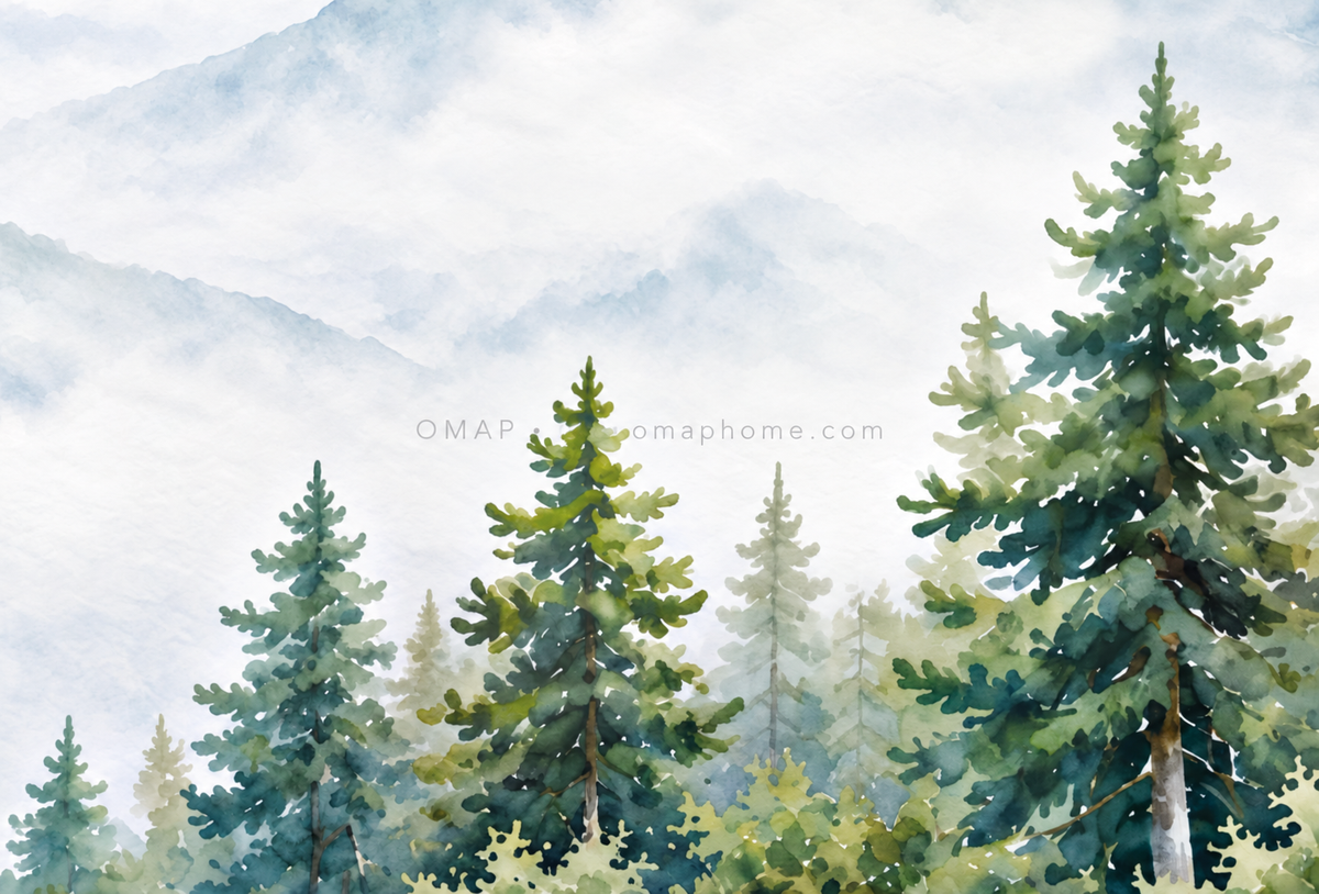 霧山澄湖針葉林與遠山水彩暈染特寫，附淡色 OMAP 網址浮水印