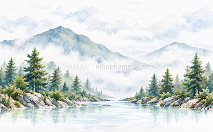 霧山澄湖完整橫幅作品，藍灰遠山、綠色森林與澄澈湖面，附 OMAP 網址浮水印