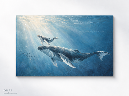 OMAP 沐光相依母子鯨磁吸藝術壁畫白底產品展示，柔和水下光束與完整畫面｜omaphome.com