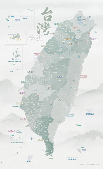 OMAP 鄉鎮探索・山林綠磁吸台灣地圖原圖