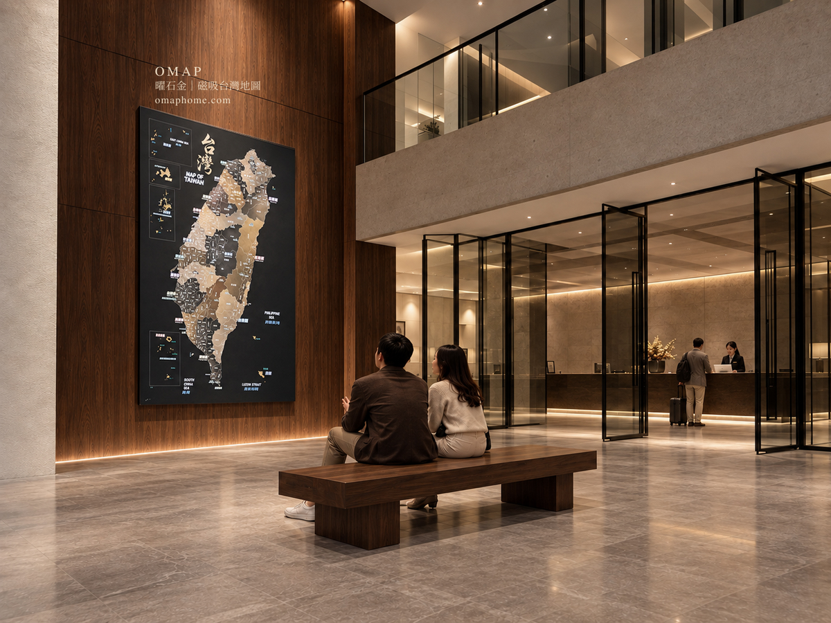OMAP 曜石金磁吸台灣地圖夜間大廳情境，搭配木質牆面與暖光；牆面附 OMAP 品牌、款式與 omaphome.com 官網標示