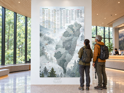 OMAP 岳見台灣百岳版・霧森綠，登山客與旅宿接待空間情境，附 OMAP 品牌與官網標示